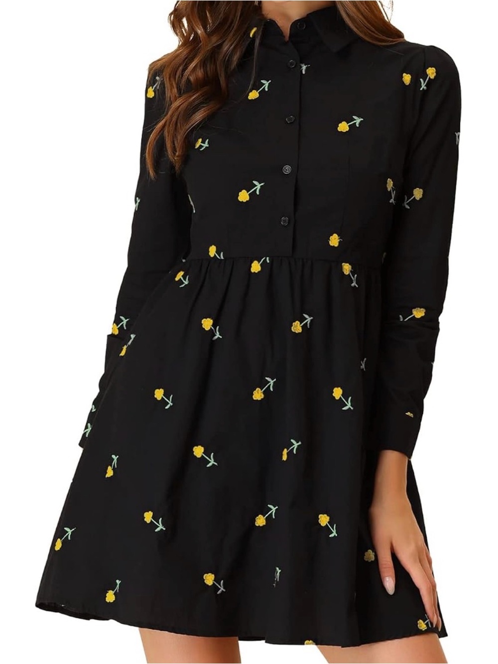 Allegra K Black Long Sleeve Button-Front Dress with Yellow Floral Embroidery